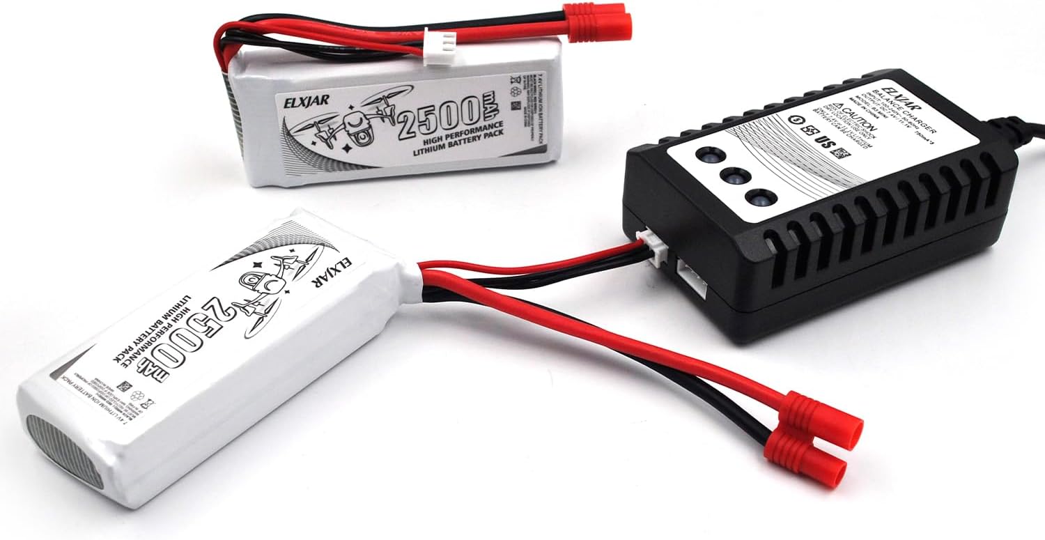 (2-Pack) 7.4V 2500mAh LiPo Battery with Banana Connector and B3 Charger Replacement for Vivitar DRC446 Drone, Syma X8C X8W X8G, HQ899, Promark P70, Holy Stone HS400 HS300 Quadcopter