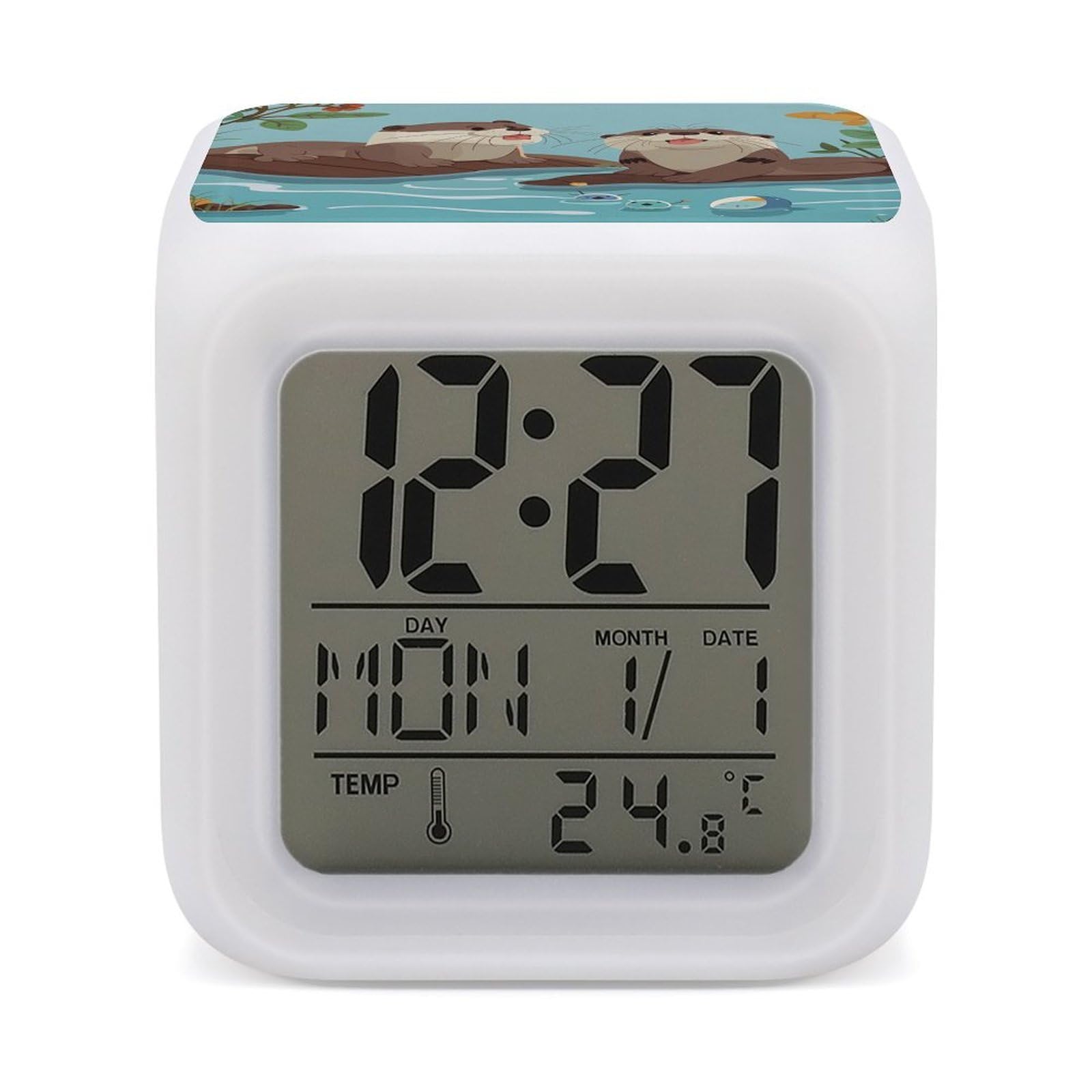 FekiLoot Otters Alarm Clock for Heavy Sleepers Small Digital Alarm Clock with Date Temperature Wake Up Digital Clocks with 7 Colors Changing Desk Clocks for Bedroom Bedside Nightstand