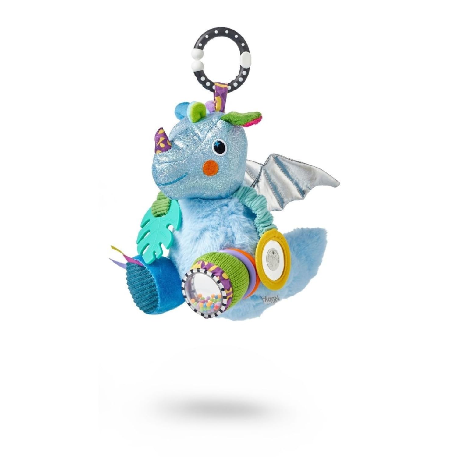 Nuby Things with Wings Baby Pram Toy - Sensory Colourful Dragon Pram Toy with Baby Safe Mirror | Teething Toy | Universal Clip (George)