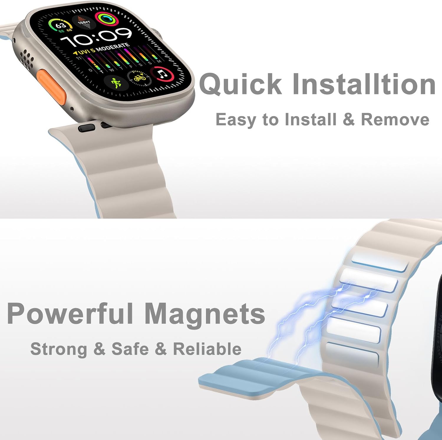 HITZEE Compatible with Apple Watch Band 49/46/45/44/42/41/40/38mm, Soft Silicone Magnetic Bands Strap Compatible for iWatch Ultra 3/2/1 SE3/2/1 Series 11 10 9 8 7-1 (42/44/45/46/49, Starlight/Blue) - Image 3