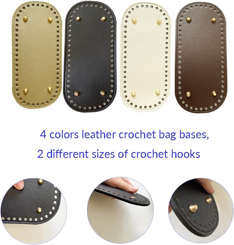 4 Pcs Leather Crochet Bag Bases, 8 Pcs D Shape Purse Handles with 2 Size Crochet Hooks for DIY Bags Craft Making - Image 5