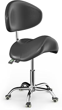 Black Saddle Stool Swivel Chair with Back Support, Adjustable Hydraulic Massage Stool on Wheels for Tattoo, Salon, Beauty, Spa