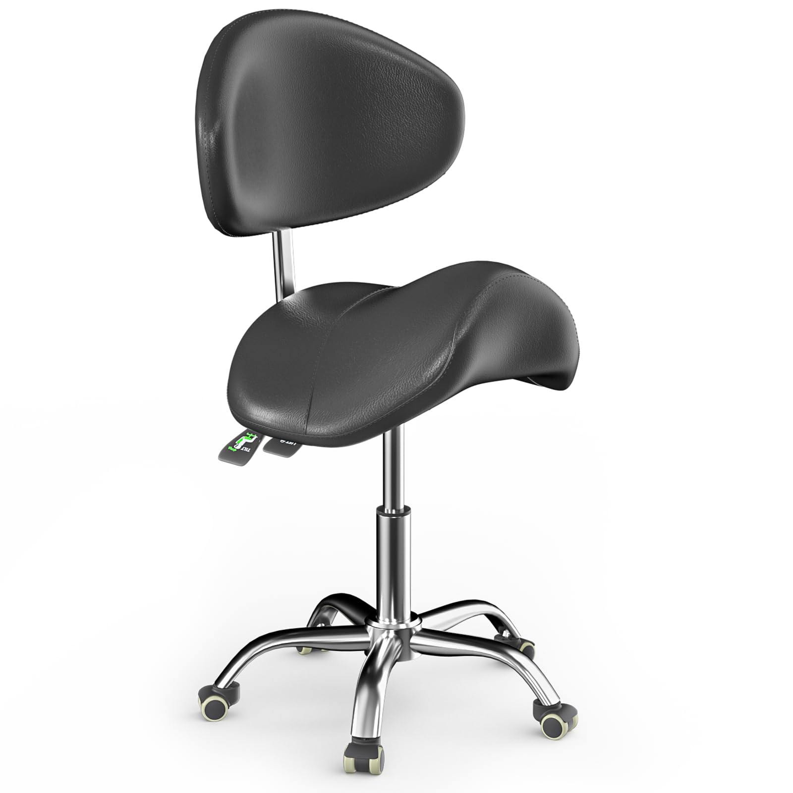 DeerDean Black Saddle Stool Swivel Chair with Back Support, Adjustable Hydraulic Massage Stool on Wheels for Tattoo, Salon, Beauty, Spa