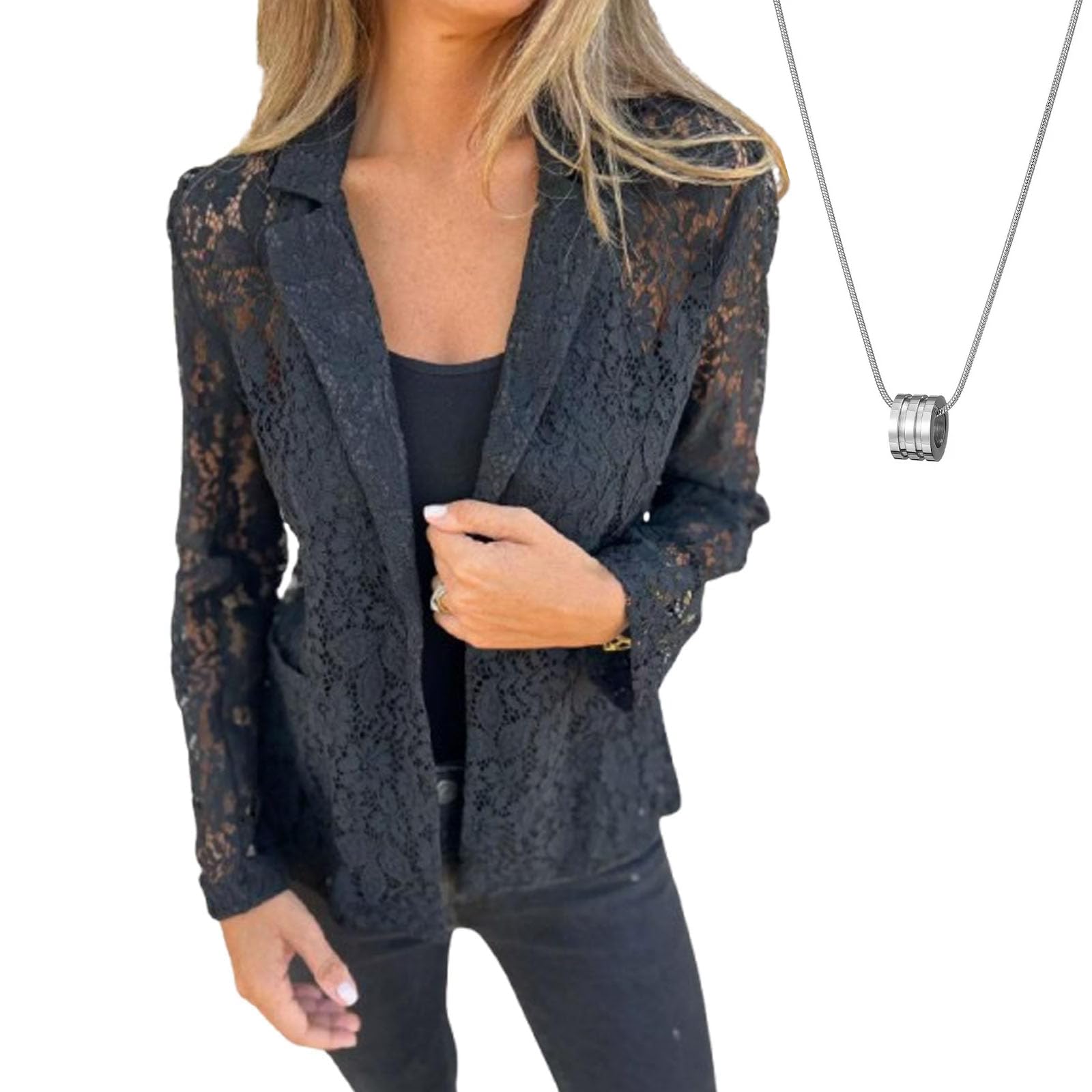 Blazer Made of Continuous Lace Mesh Womens Lace Blazer Open Front Blazers Jacket Single Button Lapel Neck Sheer