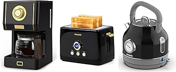 Amaste Black Coffee Maker & Black Toaster & Black Retro Electric Kettle Set