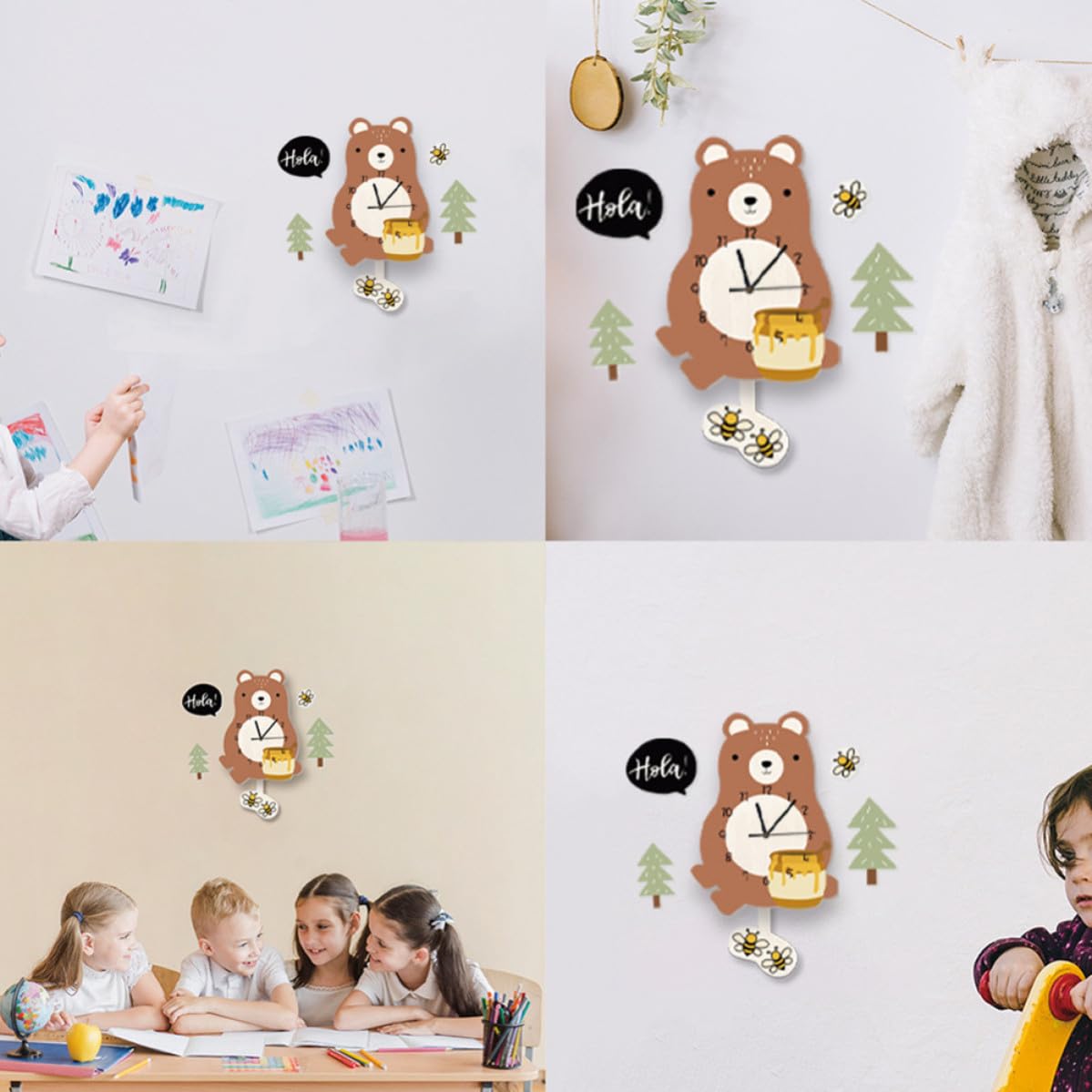 DOITOOL 1pieza Reloj Colgante Silencioso para Habitación Infantil con Diseño de Oso Cartoon Reloj de Pared para Niña Nursery y Aula Decoración Moderna y Ecológica