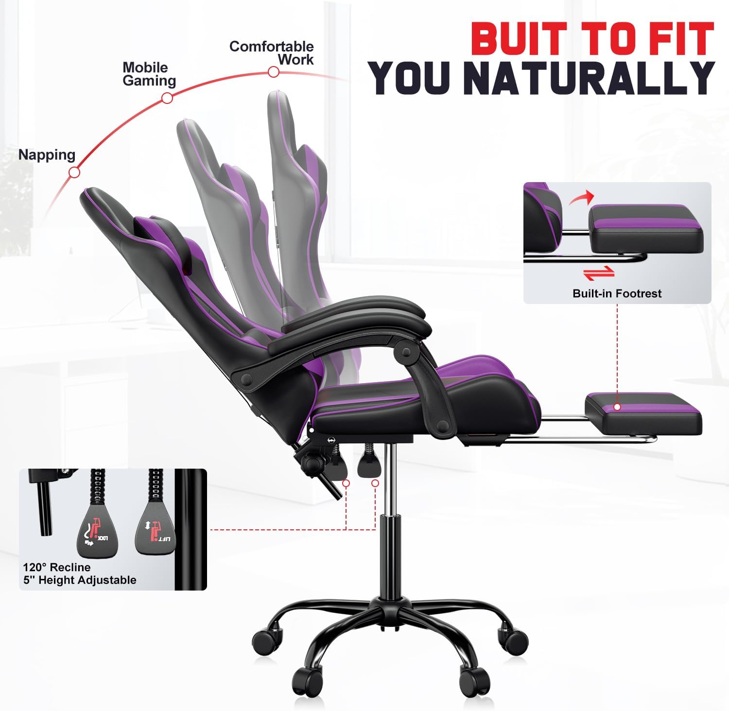 PM PERFORMOTOR Ergonomic Gaming Chair, High‑Back Office Computer Chair with Adjustable Lumbar Support, Linkage Armrest, Headrest & Footrest, 350LBS Weight Capacity Recliner Swivel Racing Chair,Purple