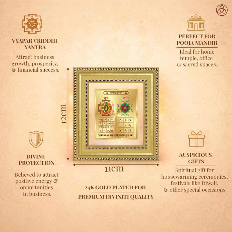 Image of DIVINITI Siddh Energised Vyapar Vriddhi Yantra | 24k Gold Plated Foil Business Growth Vastu Frame for Home, Office & Puja Room | Spiritual Yantra for Business Growth, Prosperity & Success (12 X 11 CM)
