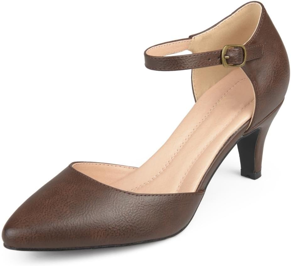Brinley Co. Womens Faux Leather Comfort Sole D'Orsay Ankle Strap Almond Toe Heels Brown, 8 Regular US