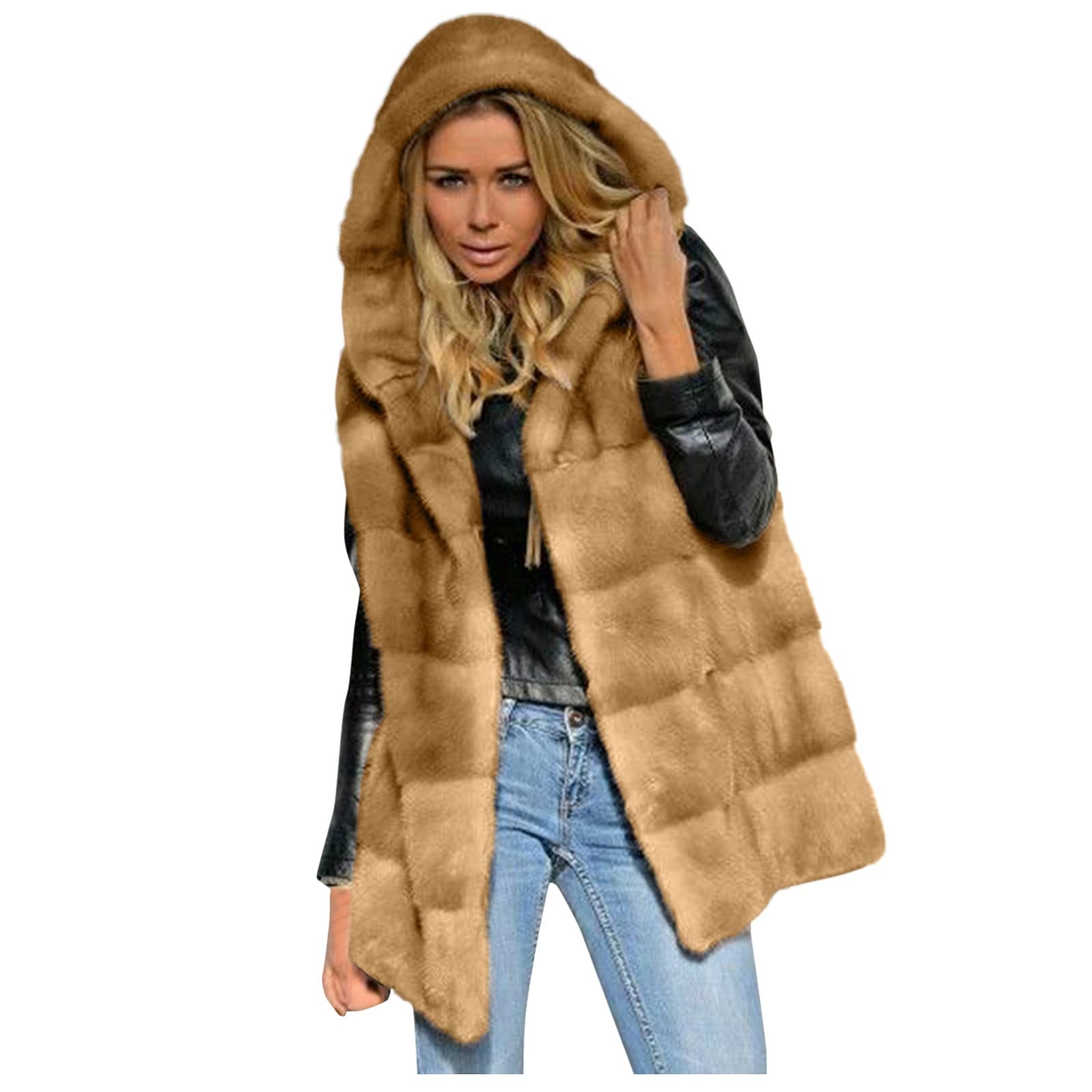 Gilet in pelliccia da donna, da donna, in pelliccia sintetica, elegante, con cappuccio, cachi, L