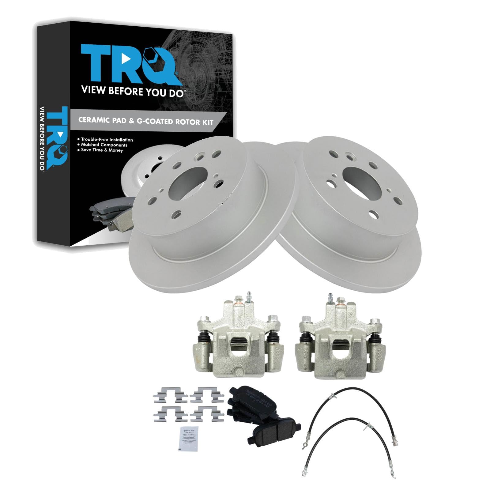 TRQ Rear Brake Pad and Rotor Set Ceramic Coated Rotors Calipers Compatible with 2006-2007 Toyota Avalon 2006-2008 Solara