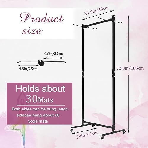 Miniatura 3 de Soporte para colchoneta de yoga colgante, carrito de almacenamiento de metal de doble cara sobre ruedas, estante para pilates de pie para gimnasio