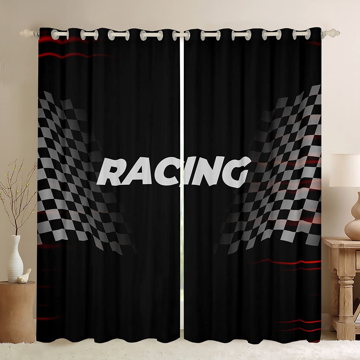 feelingyou Racing Blackout Curtains,Checkered Flag Curtain,Race Car Window Drapes for Kids Teens Boys Young Man,Modern Bedroom Decorative,Black and White Curtain,46Wx54L