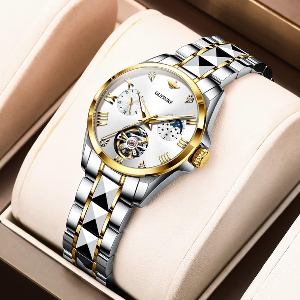 OUPINKE Womens Watches Automatic Luxury Rose Gold Watches Mechanical Moon Phase Tungsten Steel Crystal Skeleton Waterproof Luminous Women Watch… - Image 3