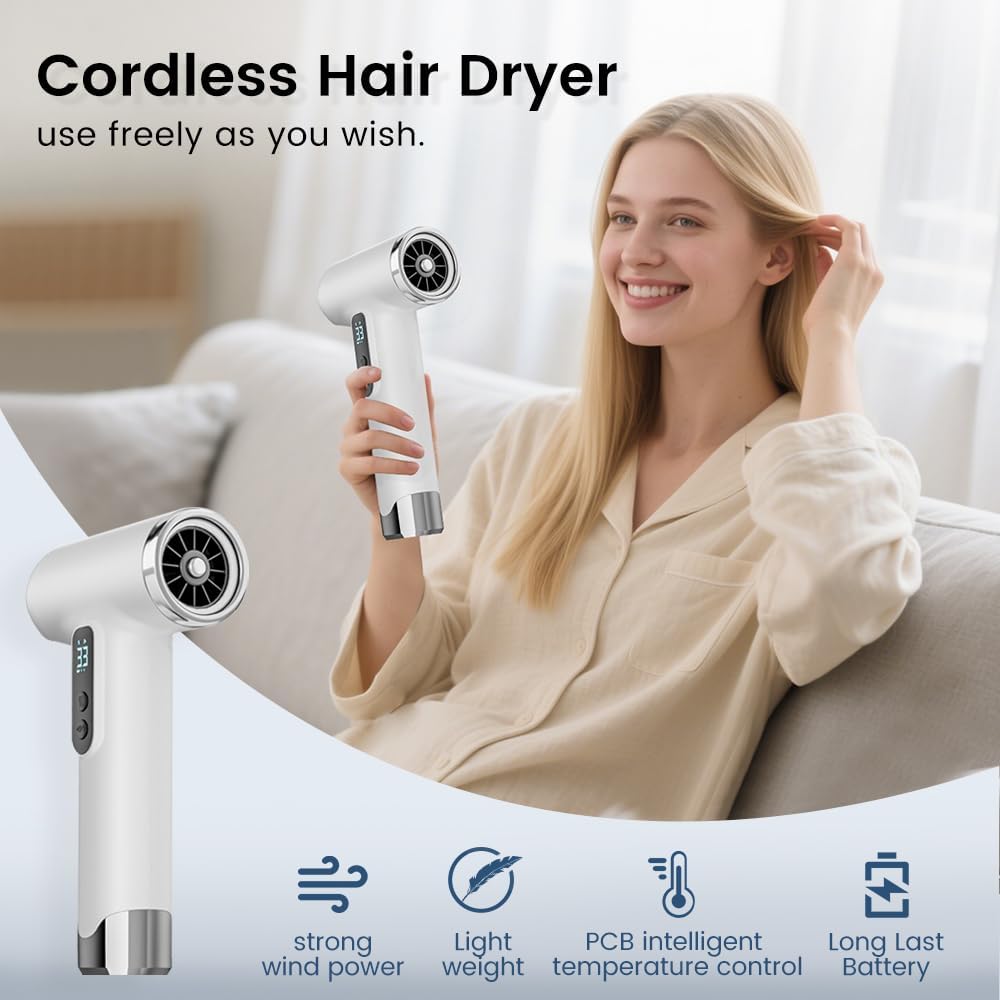 Cordless Rechargeable Hair Dryer, 15000mAh Battery Operated,USB Portable Blow Dryer，3 Adjustable Hot and Cold Air Settings, Used for Travel, Camping, and RV. - Image 5
