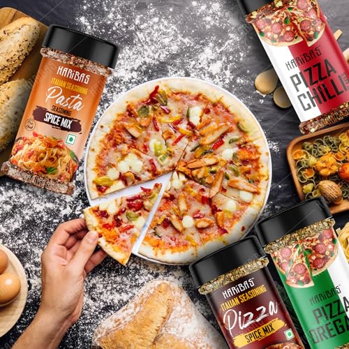 Image of HARIBAS Italian Combo Pasta 50gm, Chilli Flakes 40gm, Oregano 40gm and Pizza Spice Mix 60gm (Pack of 4)