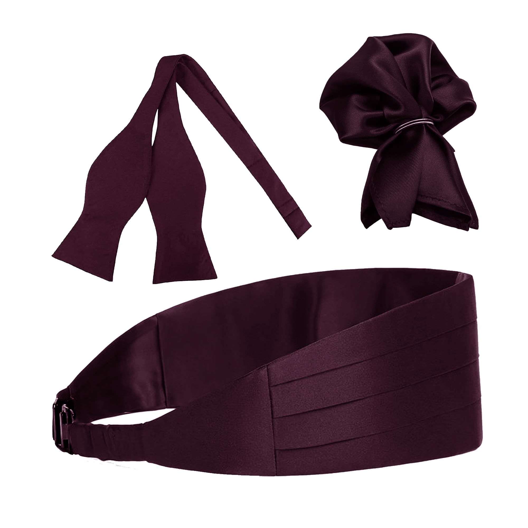 Men's Satin Cummerband, Open Bow Tie and Pocket Square Set Wine