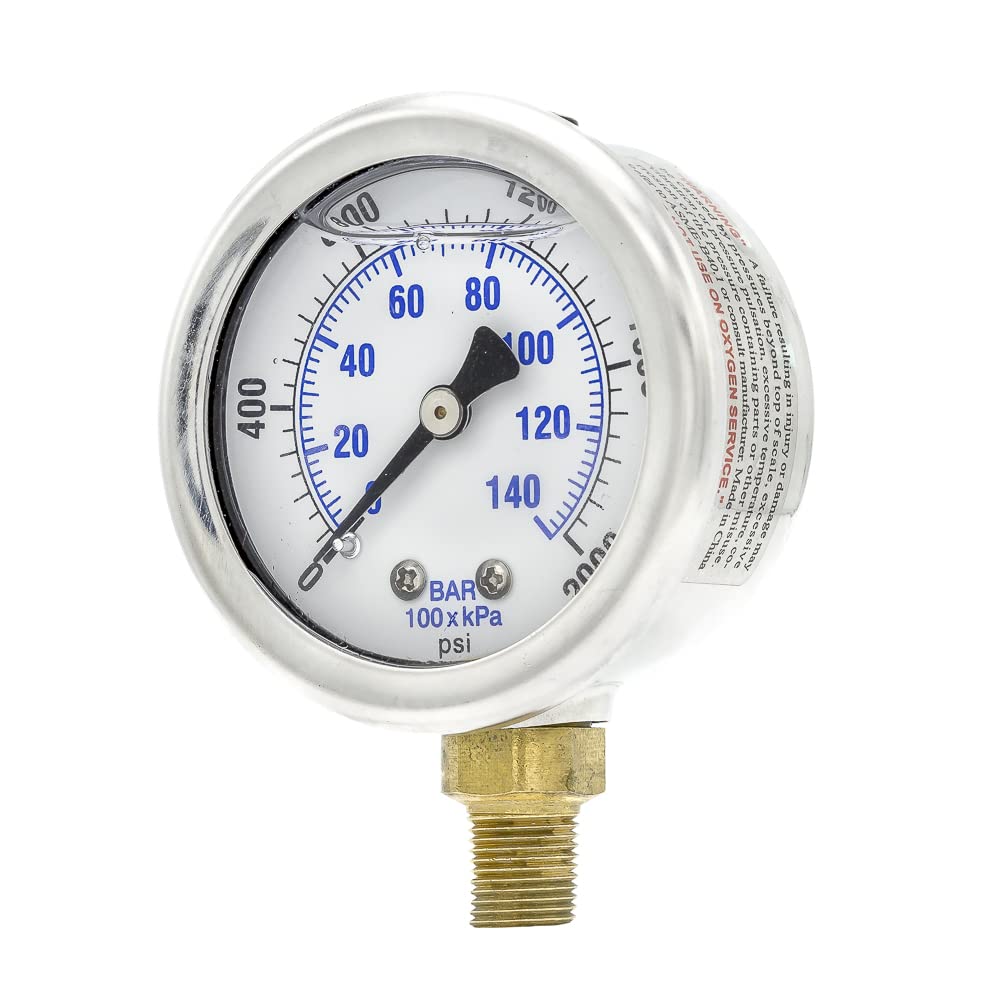 Liquid Filled Lower Mount Pressure Gauge with 2" Dial, 0-2000 PSI, 1/8" Male NPT Connection, Stainless Steel CASE and Bezel (1)