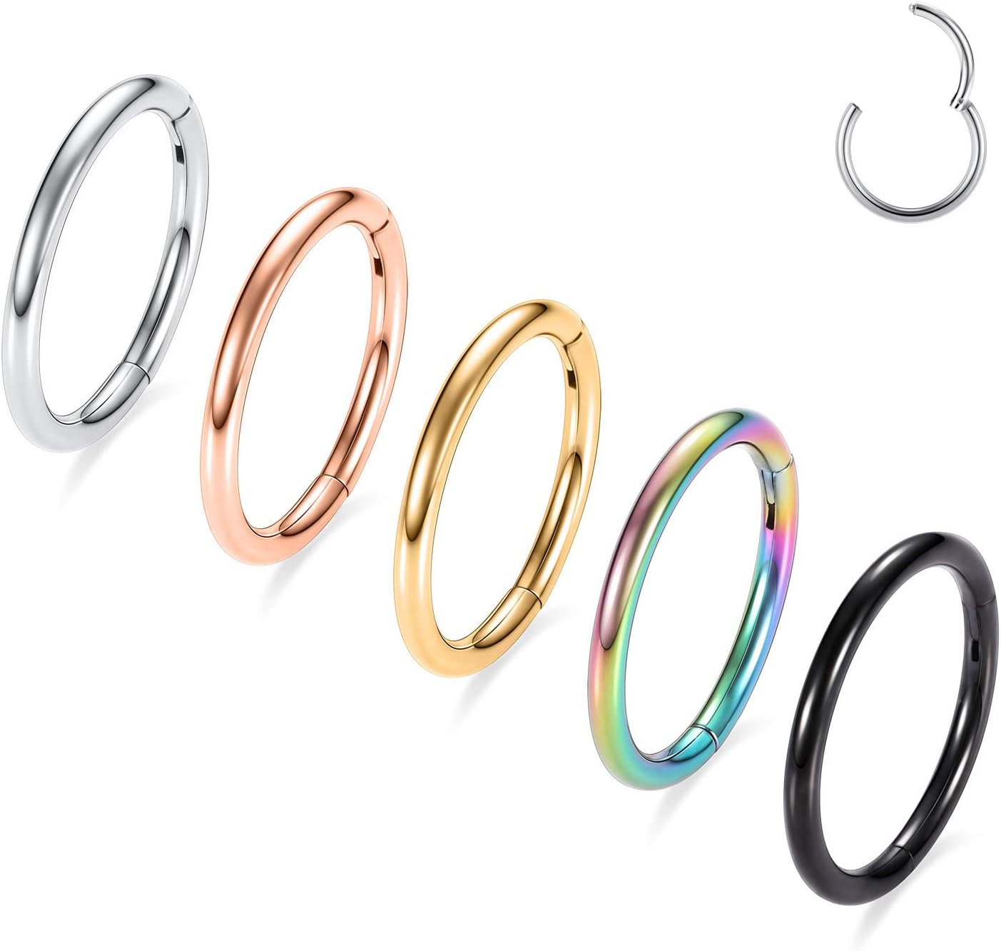 AROWRO Nose Rings Hoops 5 Pcs Septum Rings 20G 18G 16G 14G 12G Conch Piercing Jewelry 316L Surgical Steel Hinged Segment Nose Hoops Helix Daith Rook Tragus Cartilage Piercing Jewelry