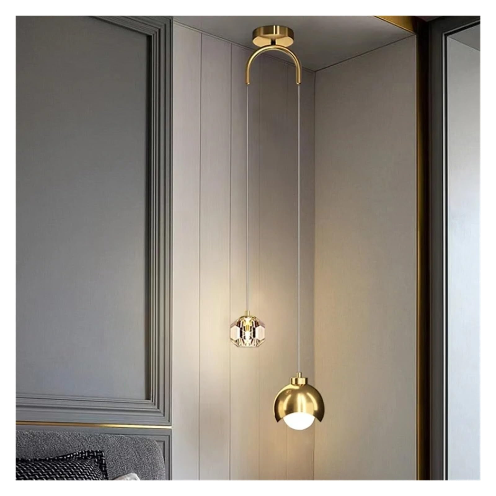 ASerZenith Simple Crystal Pendant Light Luxury Master Bedroom Bedside Hanging Lamp Minimalist Long Line Living Room Lustre,Gold-Warm White