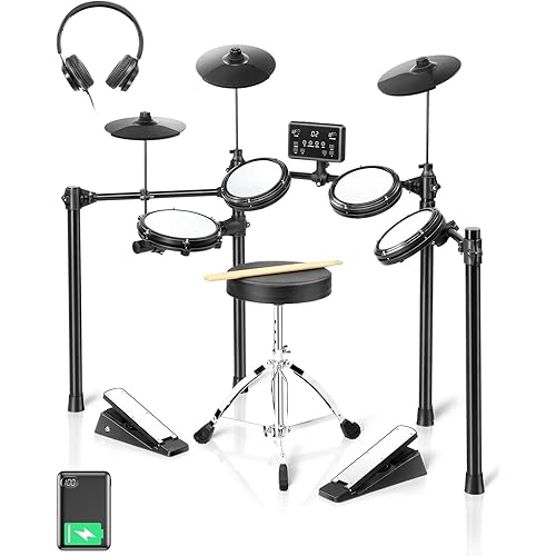 Ktaxon Electronic Drum Set with Silent Mesh Drum Pads,Cymbals, Type-C Charging, USB MIDI, Intuitive Control Panel, Low-noise Pedal, Headphones, Sticks and Velcro, Electric Drum Set for Adults(Compact)