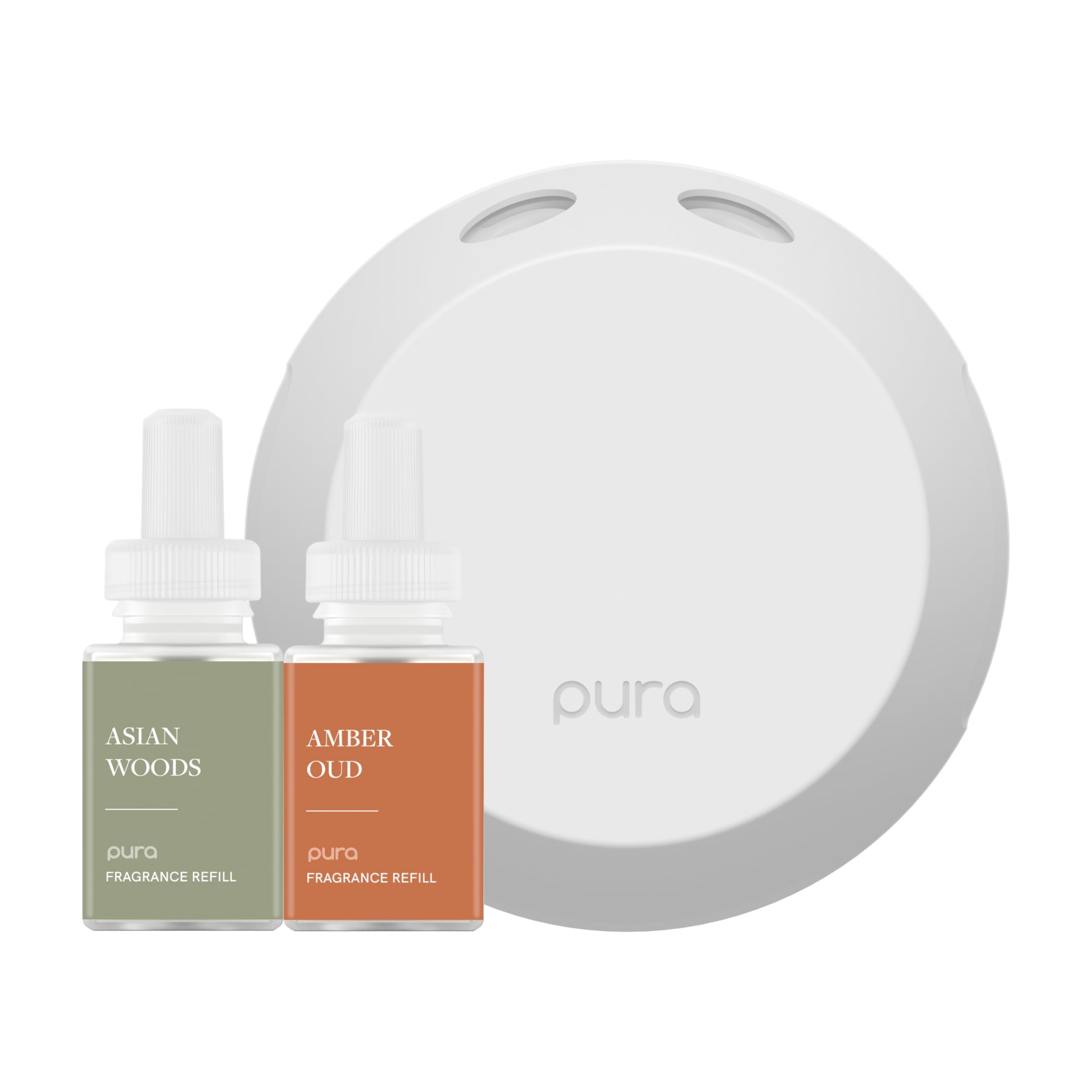 PuraSmart Home Fragrance Device Starter Set - Pura 4 - Scent Diffuser for Home - Includes Fragrance Aroma Diffuser - Square Box, Asian Woods and Amber Oud Scent Refills
