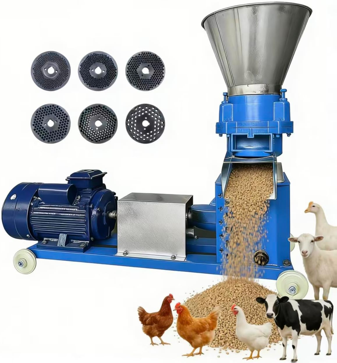 110V Animal Pellet Feed Mill Machine with 6 Grinding Discs 2.5/3/4/5/6/8mm, Pellet Mill Machine Animal Feed 5.5KW Copper Motor 220-440lb/h with Air Switch 3 Head Rollers and A Splash Plate