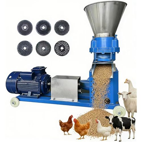110V Animal Pellet Feed Mill Machine with 6 Grinding Discs 2.5/3/4/5/6/8mm, Pellet Mill Machine Animal Feed 5.5KW Copper Motor 220-440lb/h with Air Switch 3 Head Rollers and A Splash Plate