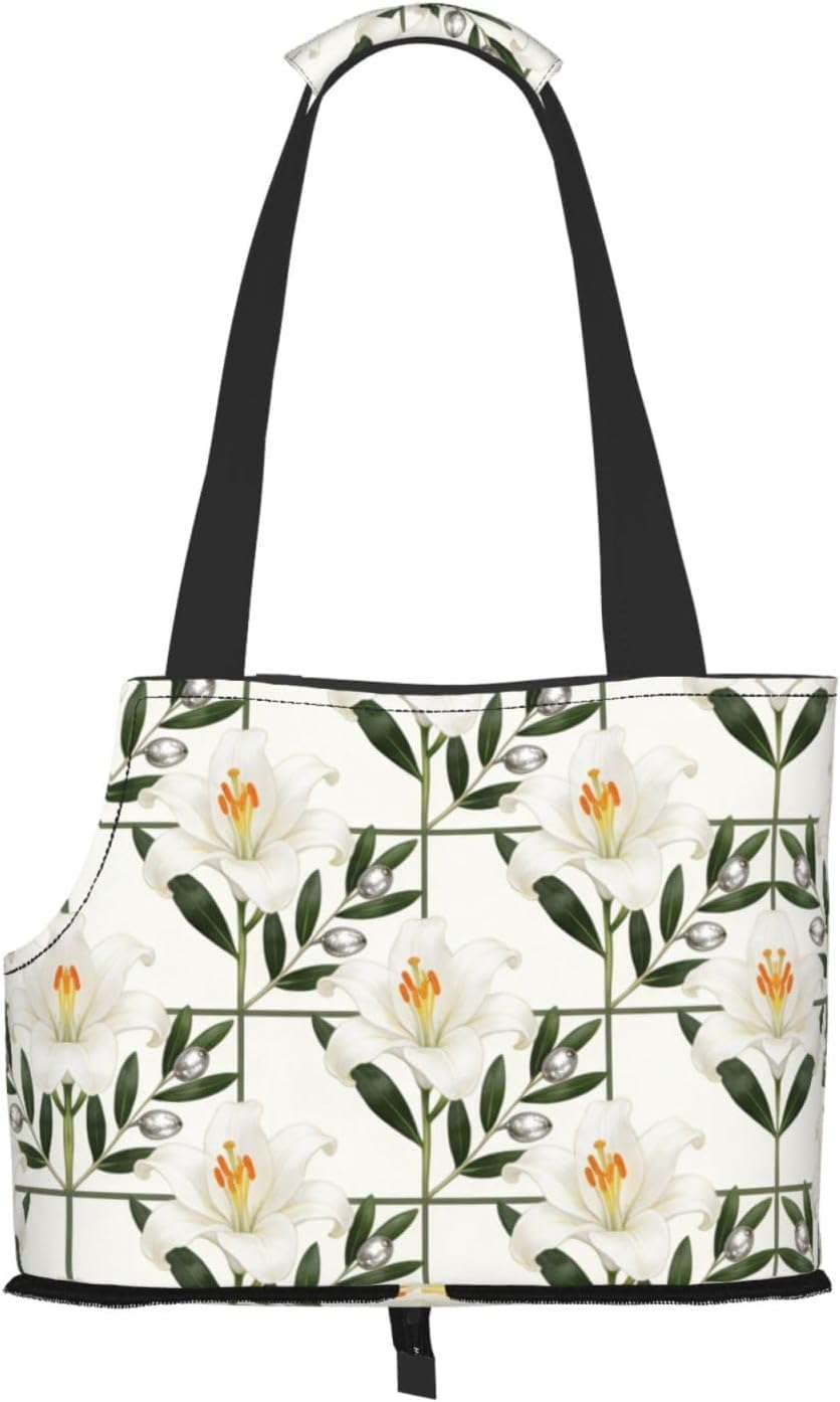White Lily Grid Pattern Print Dog Purse Carrier for Small Dogs and Cats | Breathable Pet Carrier Bag & Portable Dog Travel Bag For Small Puppy Handbag, Secure Pet Purse For Outdoor Walking