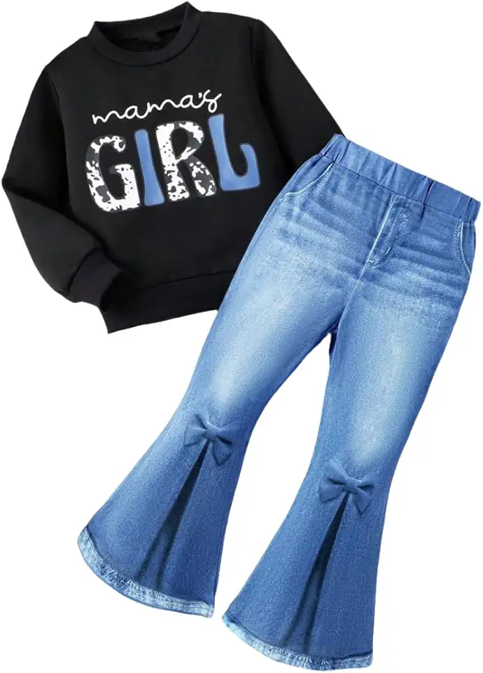 HSOXLQF Toddler Girl Clothes Long Sleeve Cartoon & Letter Graphic Top + Fruit Stationery Print Flared Leg Pants