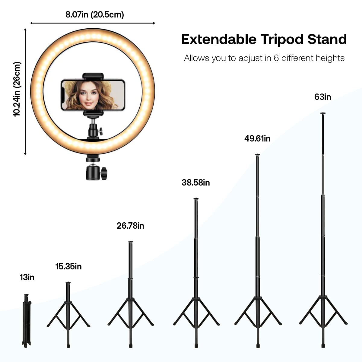 Anillo de luz con trípode y Soporte para teléfono, luz Circular LED Regulable de 10.2 Pulgadas con 3 Modos y 10 de Brillo, Control Remoto Bluetooth para Selfie, Maquillaje, Youtube, Video