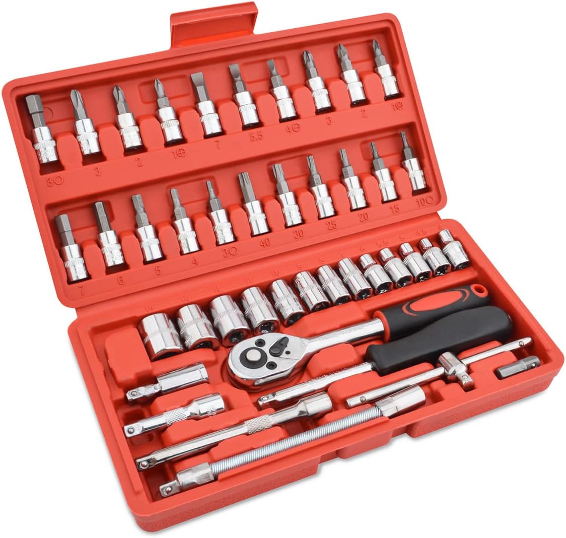 Gunpla 46 Piece 1/4" Drive Socket Wrench Driver Bits Metric Set Flexible Extension Rods with Reversible Ratchet Spanner for Car Bicycle Motor