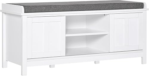 HOMCOM Banco otomano de almacenamiento para zapatos de entrada, con estantes ajustables, 6 compartimentos y asiento acolchado, color blancogris