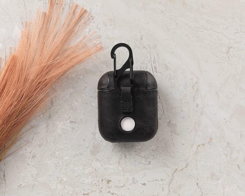 HARDISTON Genuine Leather Handmade AirPods 1-2 - Hard Case with Keychain Clip - Support Wireless Chargers - Compatible with AirPods 1-2 (Black)