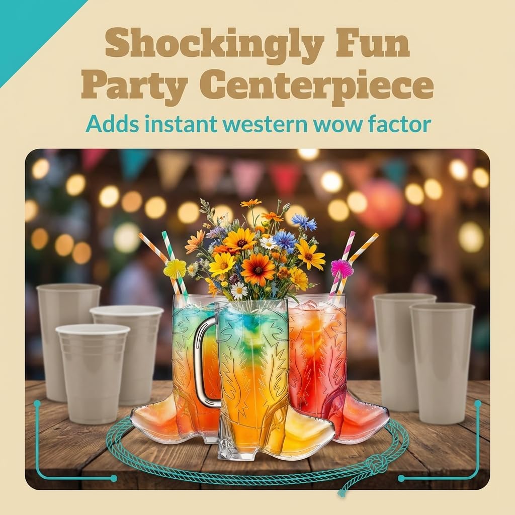 JoyServe Cowboy Boot Cups - (Bulk Pack of 12) 17oz Drink Mugs, Reusable BPA-Free Plastic Drinking Mug Cups for Kids, Western Themed Rodeo Birthday Party Decorations and Supplies