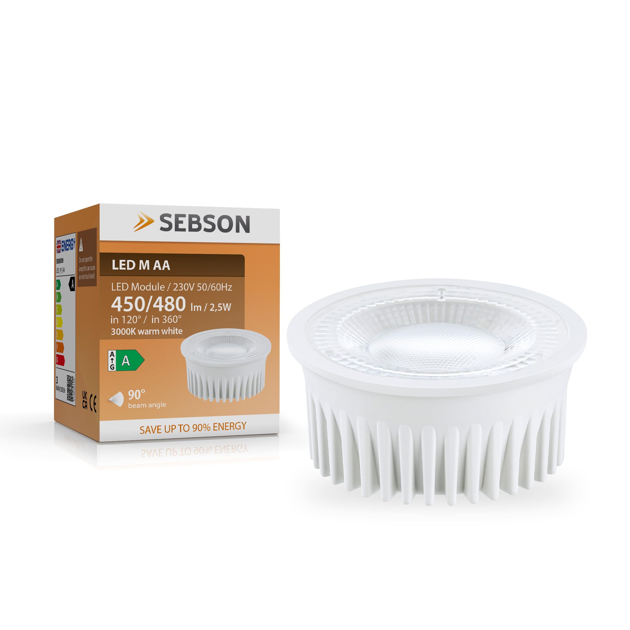 SEBSON Modulo LED 230V Bianco Caldo - Classe di Efficienza Energetica A | Lampadina LED 2,5W, 3000K, 450lm, Sostituisce GU10 MR16 50W, Faretto Incasso ø50x26mm - Set da 10
