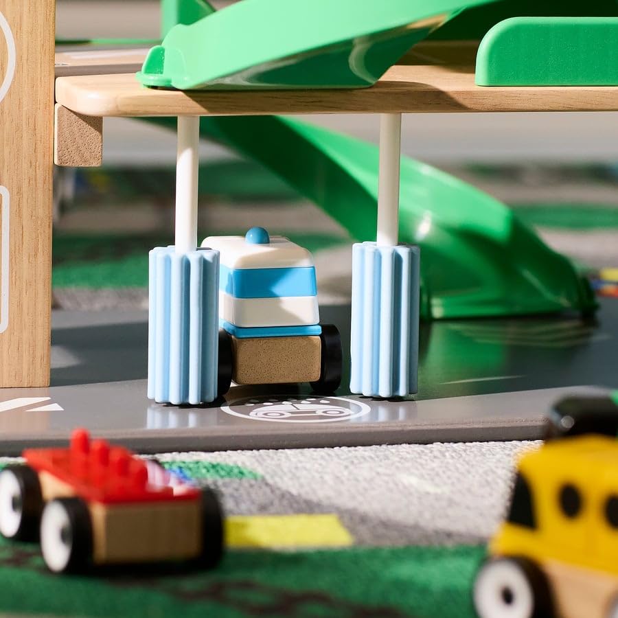 Image of LILLABO Garage Playset with Car and Helicopter, Multicolour Wooden Toy Set for Kids, Includes Parking Garage, Vehicles & Helipad, Encourages Imaginative Play and Motor Skills
