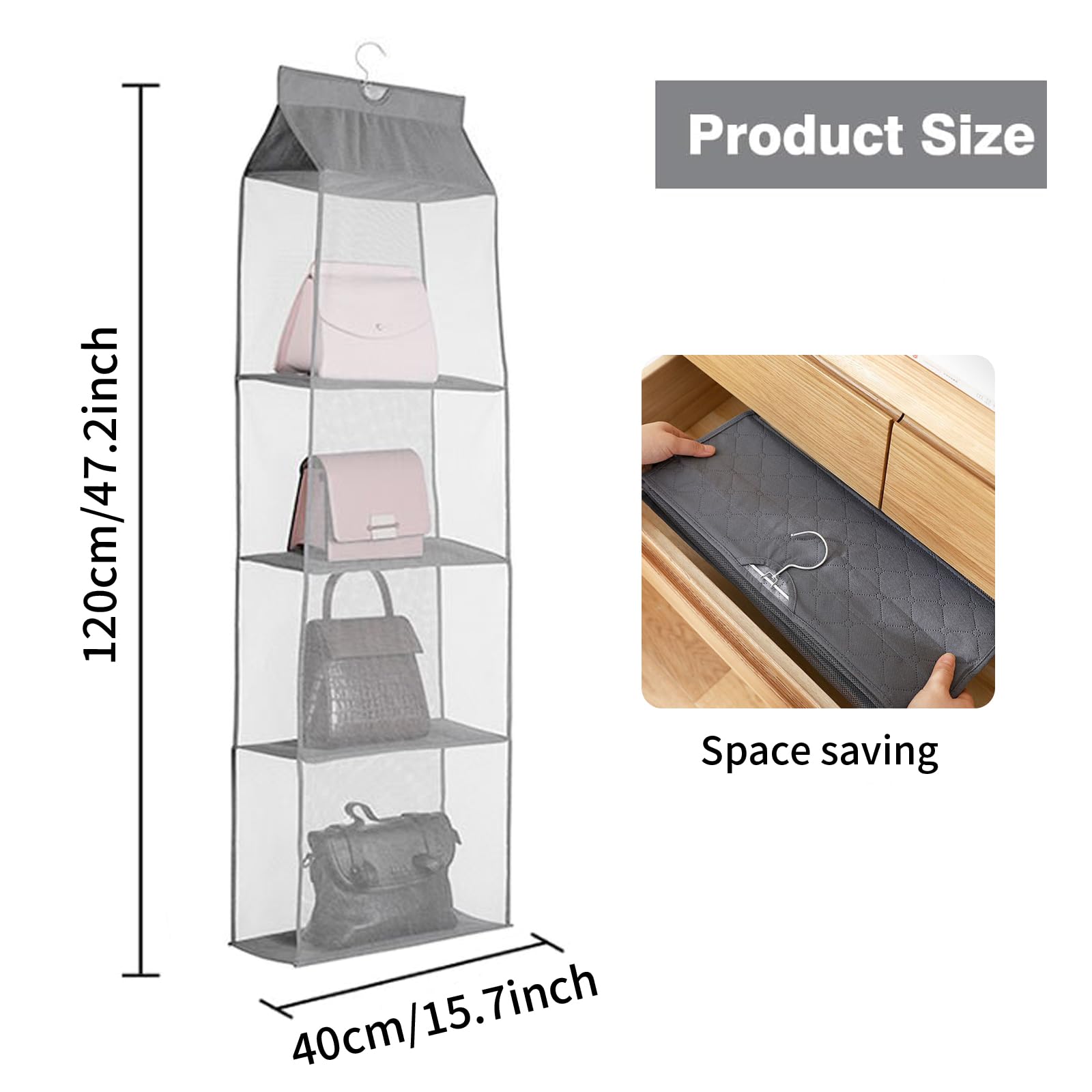 Syeeiex Organizer Per Borche Da Appendere - 4 Tasche Trasparenti, Salvaspazio Per Armadio, Con Ganci, 130 Cm, Antipolvere - 3