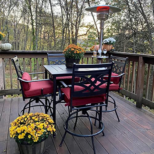 Hanover Montclair 5-Piece High Dining Patio Set With 33'' Steel Stamped Square Bar Height Table And 4 Red Cushioned Tall Swivel Chairs #TOP2