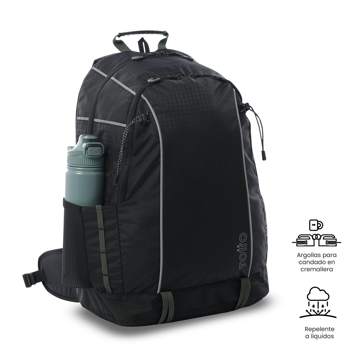 TOTTO - Mochila Senderismo, Modelo Summit 32, Capacidad 35L, Espaldar Acolchado con Flujo de Aire, Detalles Reflectivos, Bolsillo Botella, Bolsa Impermeable, Repelente a Líquidos, Color Negro y Verde
