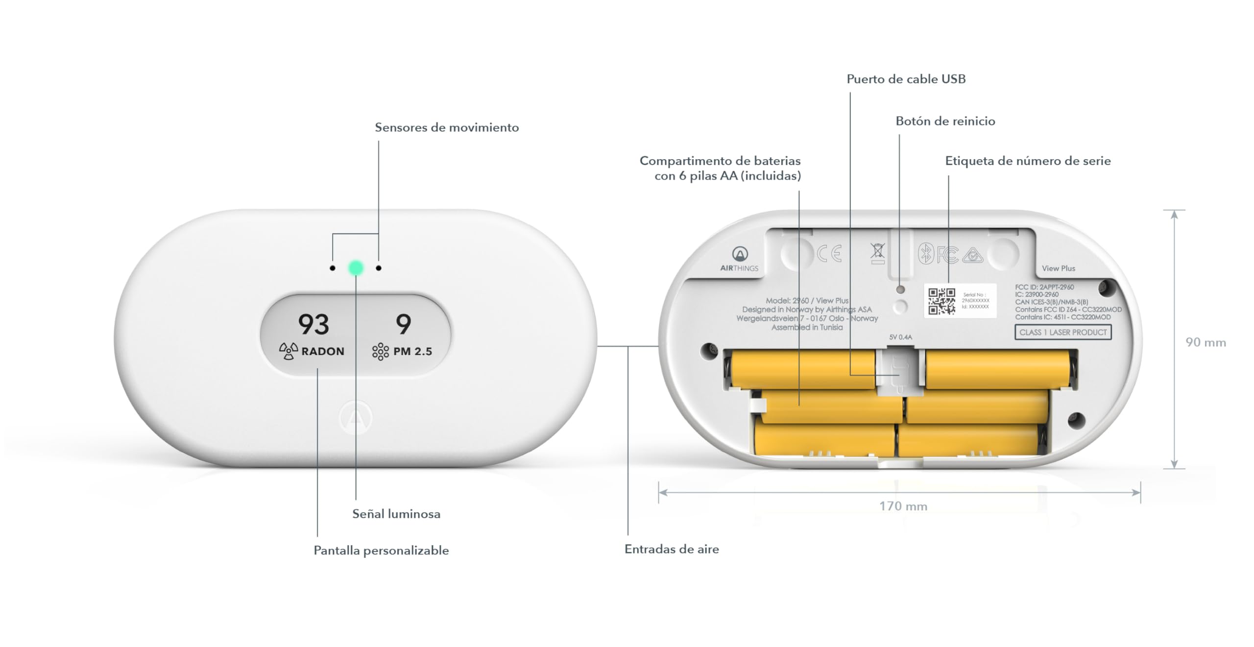 Airthings 2960 View Plus: monitor de radón y de la calidad del aire con detector de PM 2,5, CO2, COV, humedad y temperatura, aplicación para móviles, Wi-Fi, notificaciones