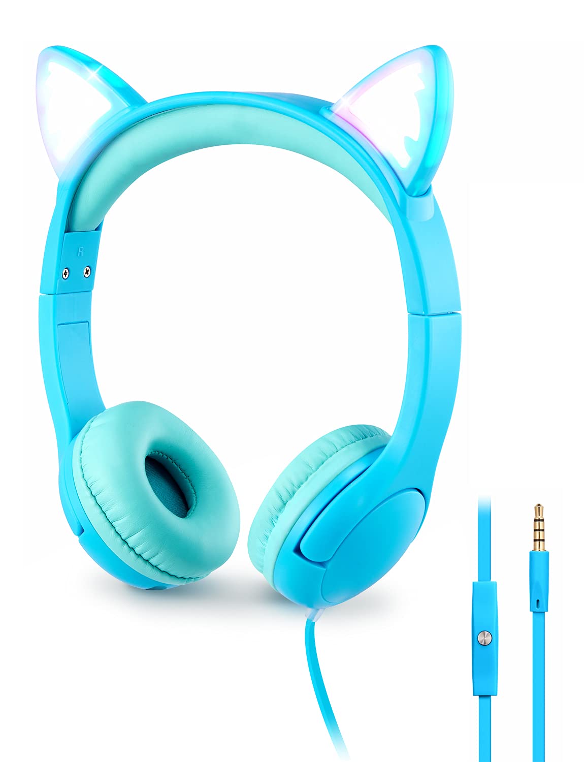 PINGKO Kids Headphones: Toddler Headphones with Microphone - Cat Ear Headphones for Girls Boys, LED Light 3.5mm Jack, 85db Volume, Music Sharing Stereo Earphones for iPad | School | Travel (Blue)