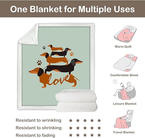 Miniatura 5 de Sleepwish Manta Sherpa de perro salchicha apilable verde para sofá, cama, Wiener Dog Manta de forro polar para niños y niñas, manta (50 x 60