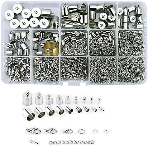 Lollibeads® (1000 Pcs) Silver Plated Barrel Leather Cord Ends Cord End Cap 3mm-12mm, Lobster Clasp 10mm 12mm 14mm,jump ring 5mm-8mm, jump ring open tool and Extension Chains Kits Assorted Pack
