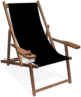 Holz-Liegestuhl mit Armlehne und Getränkehalter, Klappbar, mit dunkelbrauner Lasur, Wechselbezug (Schwarz)