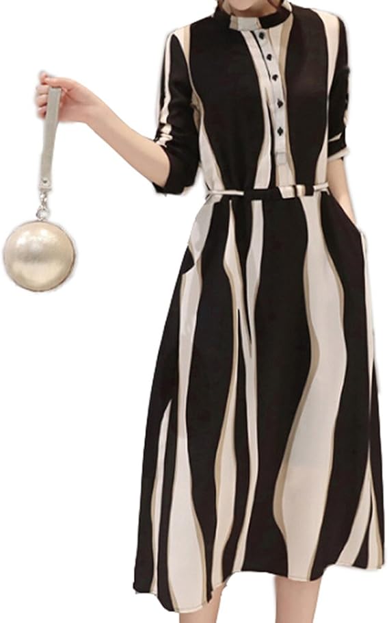 Amazon ワンピース 結婚式 リゾートワンピ リゾート ワンピース 七分袖 夏 ロングドレス ワンピ リゾート シフォン ミモレ丈 夏 ロングワンピース シフォン マキシワンピース ストライプ Aライン シャツワンピース シャツワンピ イブニングドレス 通販