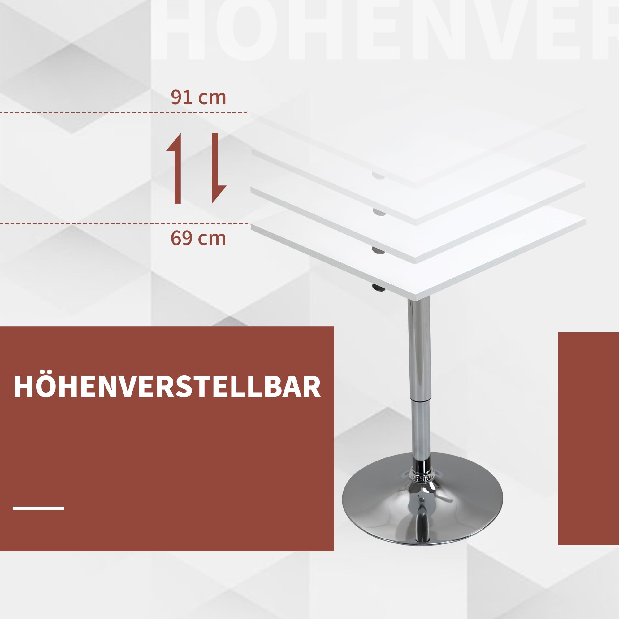 HOMCOM Bartisch Höhenverstellbar Stehtisch mit Drehbar Tischplatte, rutschfest Küchentisch für Wohnzimmer, Esszimmer, Weiß, 60 x 60 x 69-91 cm