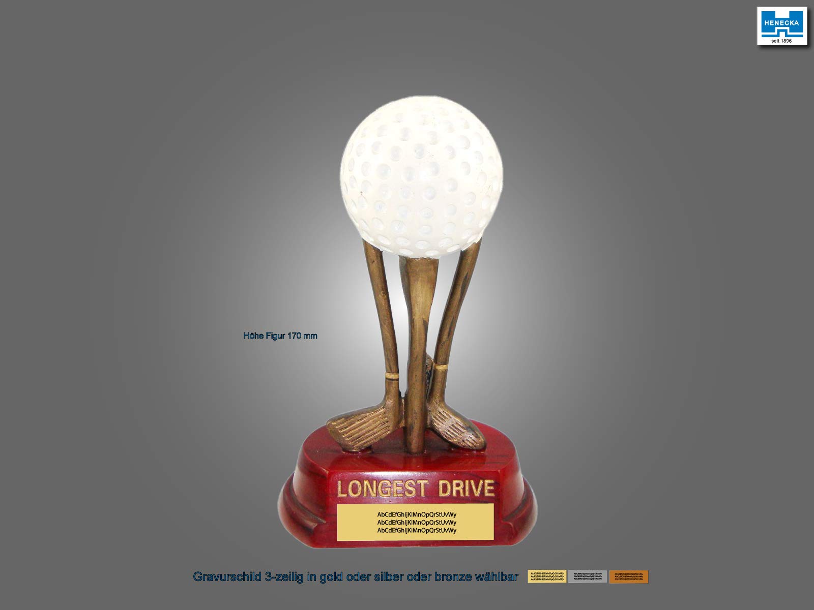 ⛳️ Golf-Pokal, Resin-Figur Golfball & Schläger -Longest Drive-, Golf Trophäe, weiß-altgold & Sockel DKL.rot, mit Wunschgravur