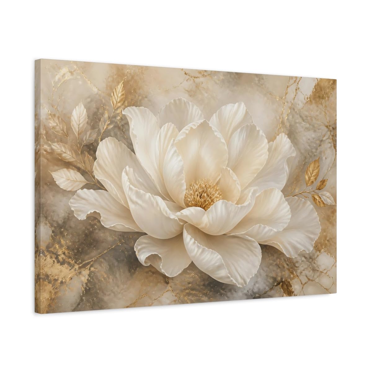 Champagne Peony In Gold Canvas Print – Living Room, Above Fireplace, Cream And 30×20 inch (75×50 cm) - Horizontal / 1.25 inch (3 cm)