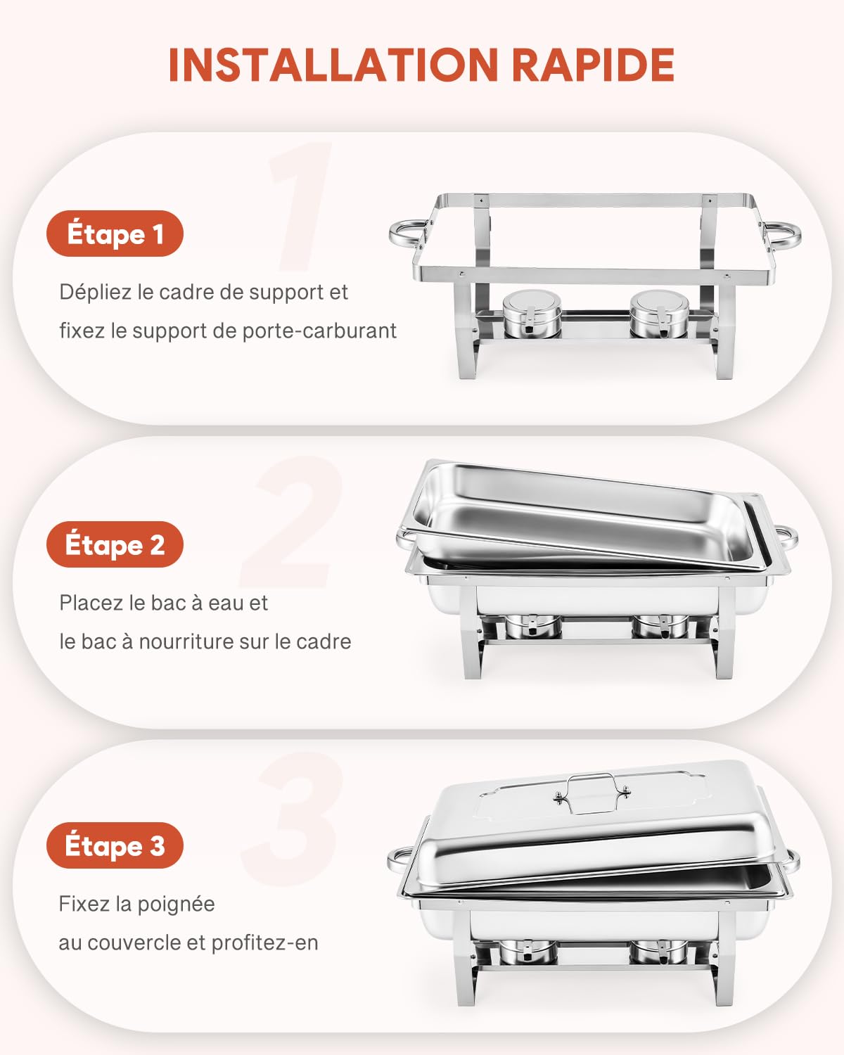 WILPREP Lot de 2 Chafing Dish Buffet 8,5L, Buffet Chauffant Chauffe Plat en Acier INOX Alimentaire avec Cadre Pliable (2×GN1/1+4×GN1/2)